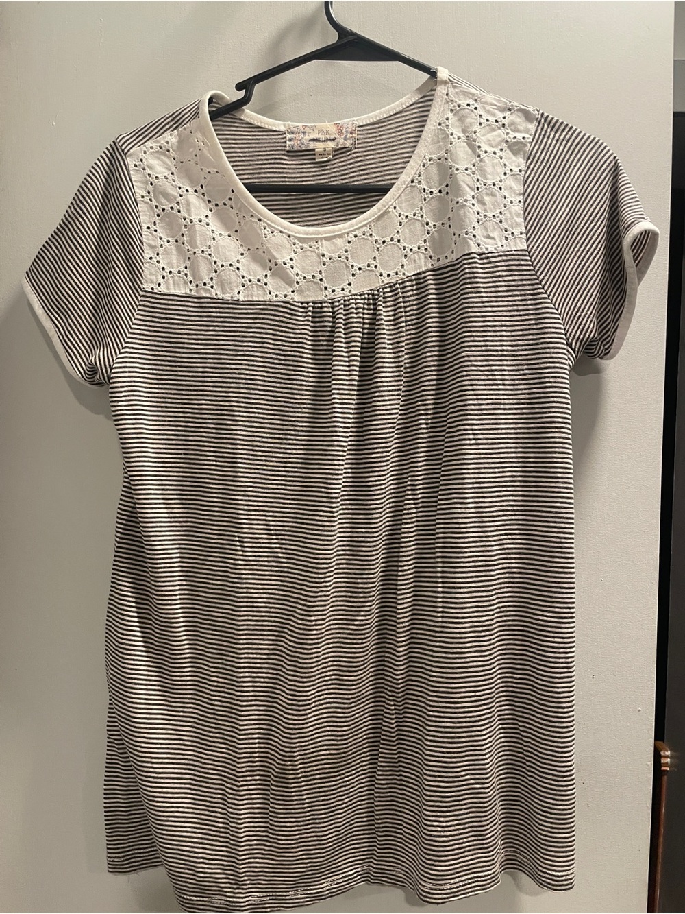 Pink Republic Cream and Black Striped Short-Sleeve Top with Eyelet Yoke size S